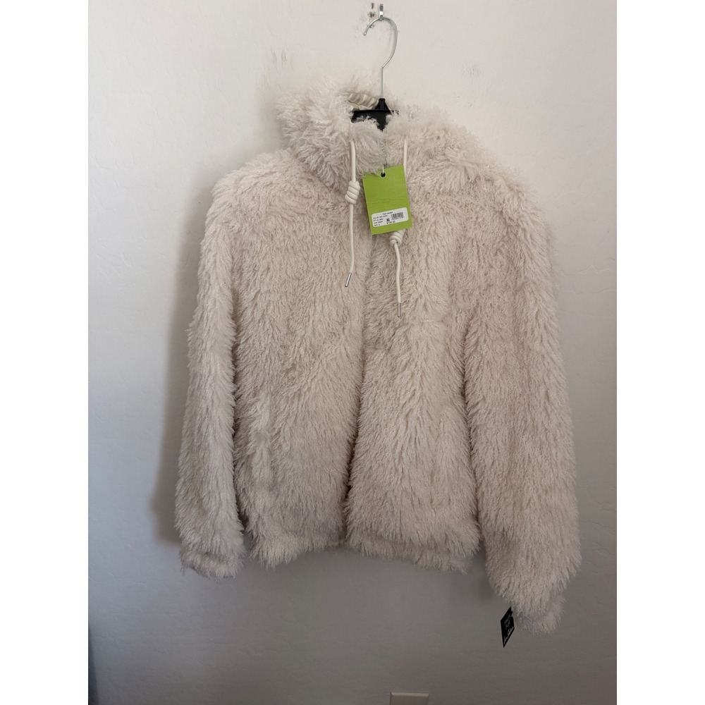 Sam Edelman Teddy Faux Shearling Hooded Cozy Jacket Ivory Bomber Womens Sz M NWT